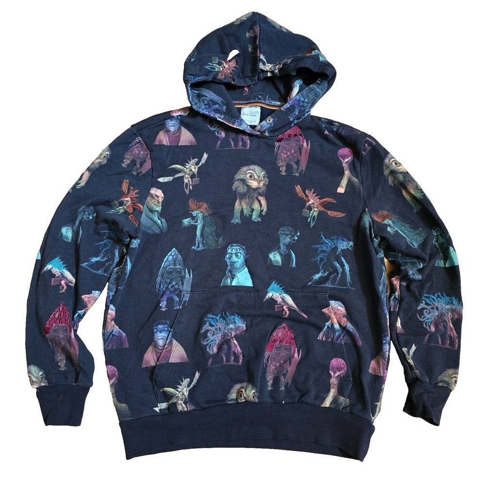 Paul Smith Men In Black Rare All Over Print Embroidered Hoodie Sz M 100% Cotton